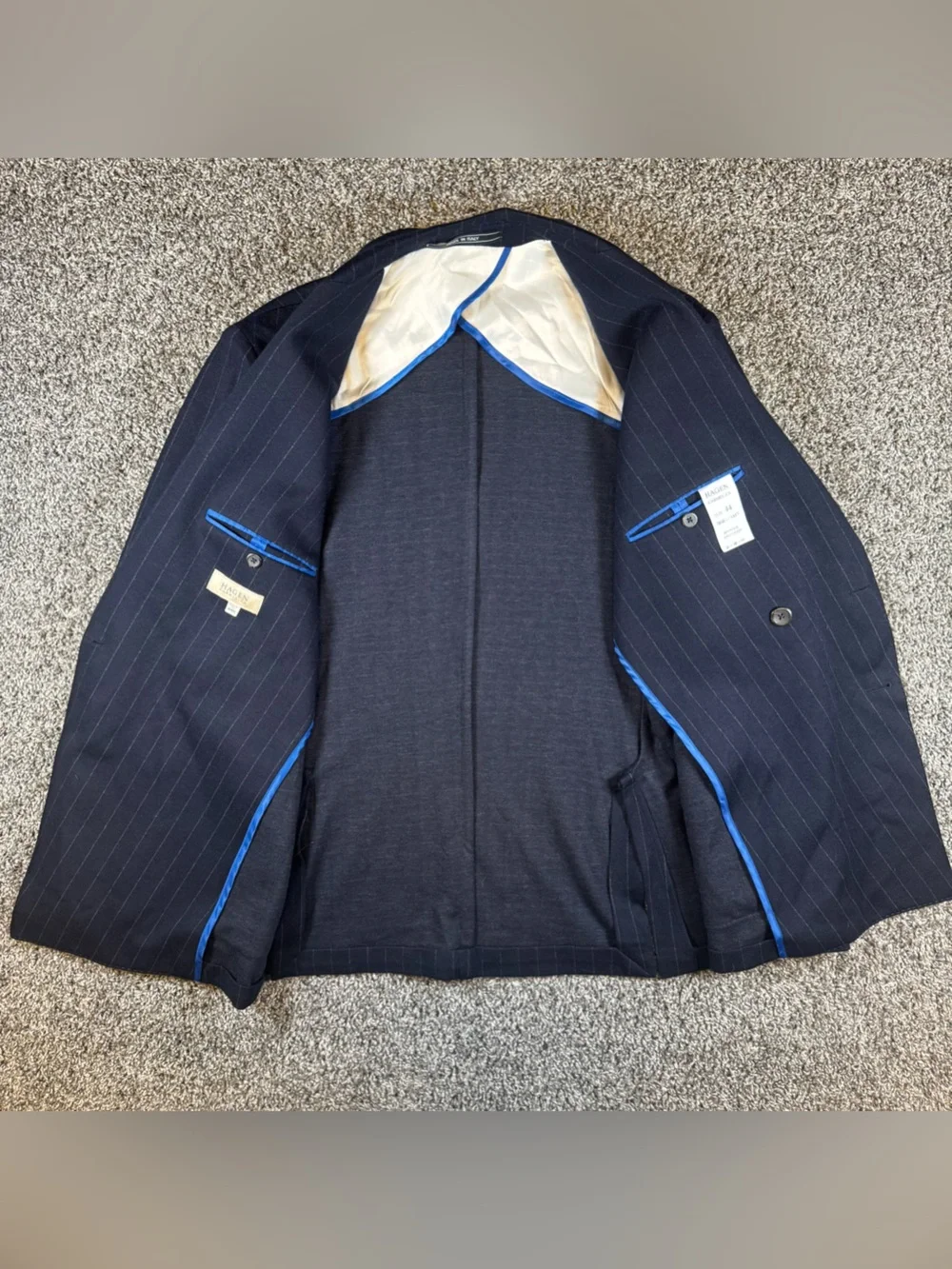 Hagen Carmel Men’s 44 Navy Chalkstripe Double Breasted Sport Coat Blazer Italian